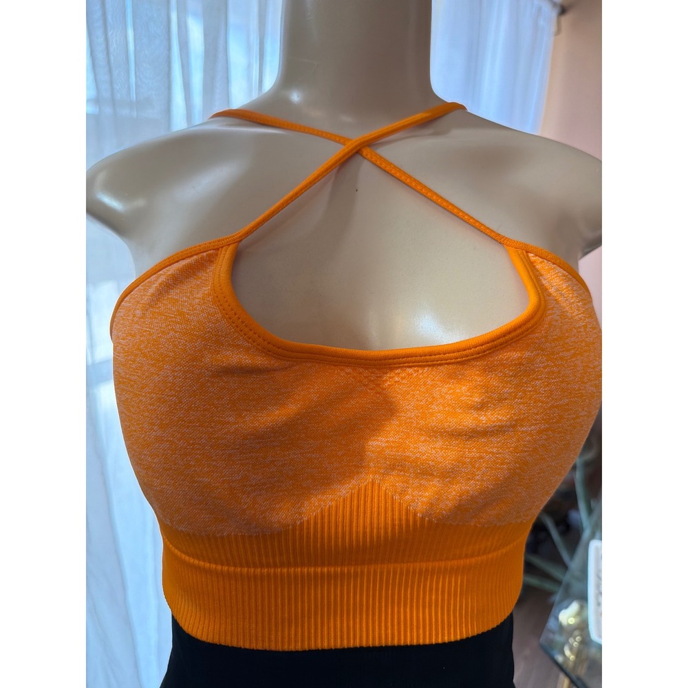 Love & Other Things Orange Seamless Criss Cross Halter Sports Bra Size 10/12